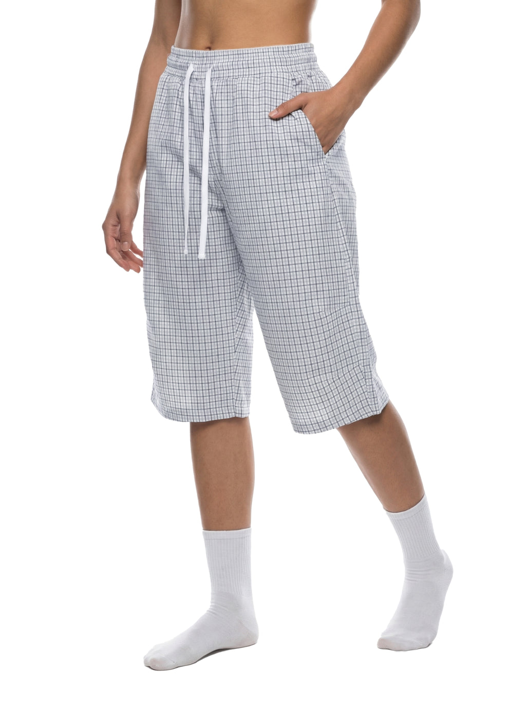 Unisex White Plaid Loose Capri Shorts